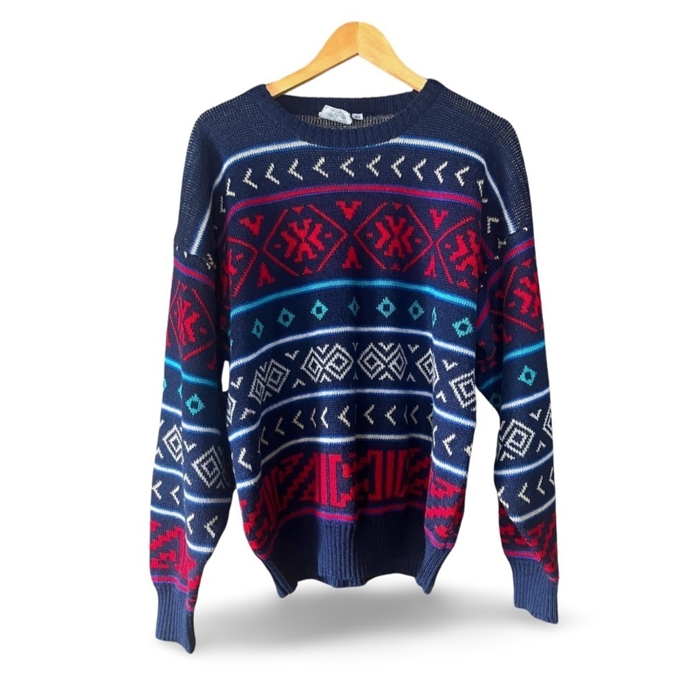 Vintage Wool Blend Sweater – Navy & Red Geometric Knit, 90s Cozy Classic